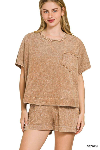Brown Halo Snow Washed Boxy Top & Shorts Set by Zenana