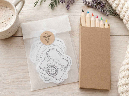 The Paper Garden Gardening color-your-own sticker kit featuring illustrated gardening stickers and colored pencils