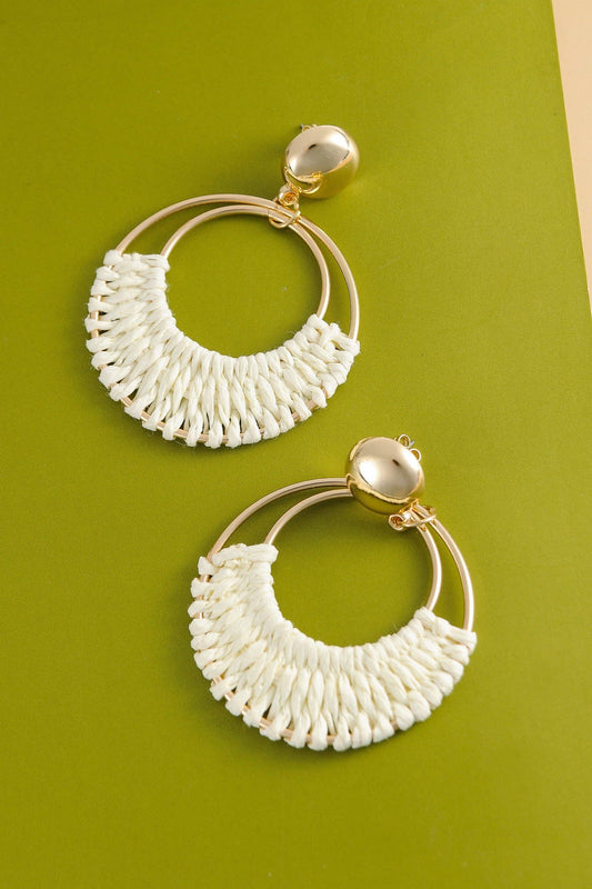 BOHO RAFFIA HOOP DROP EARRINGS IVORY