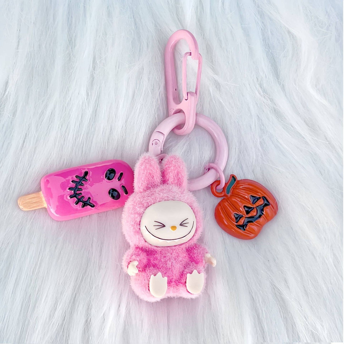 Halloween flocking mini Labubu keychain bag pendant: Gray Sitting Position