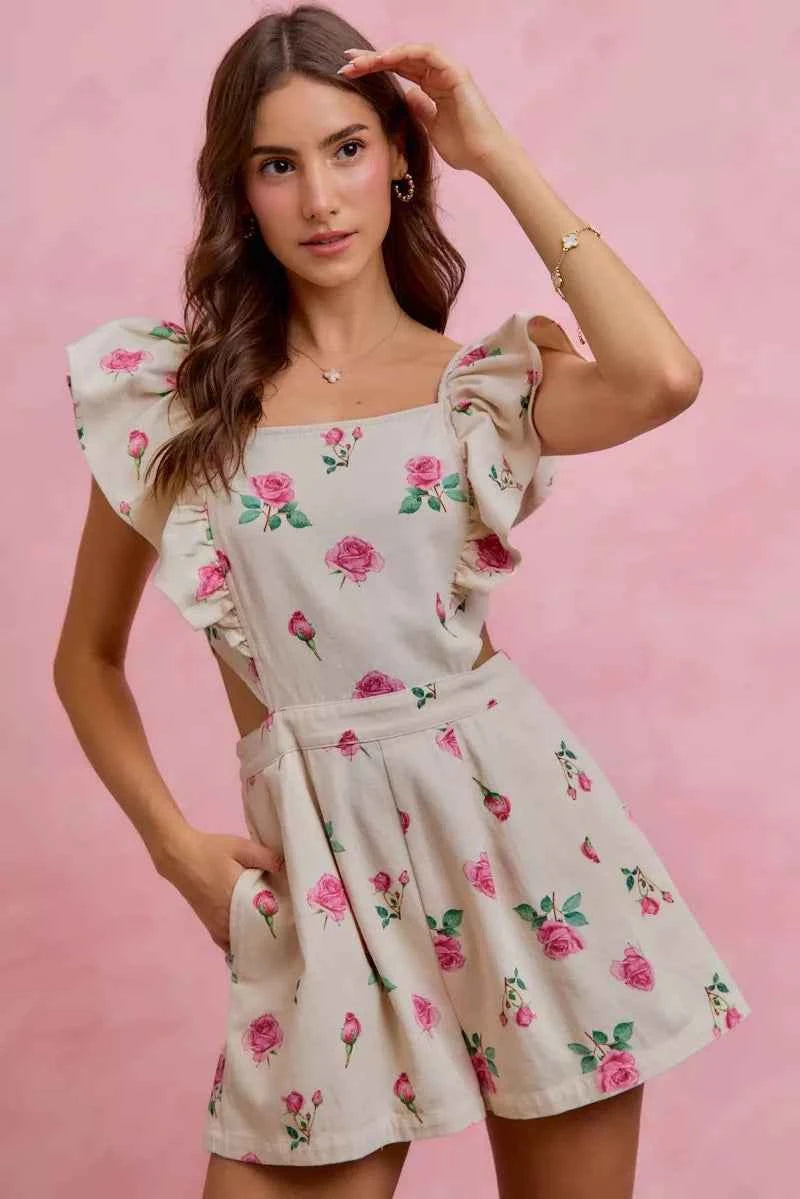 SO ME Floral Print Denim Cut Out Waist Ruffled Romper