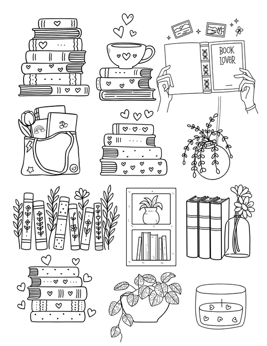 The Paper Garden Book Lover color-your-own sticker kit featuring illustrated bookish stickers