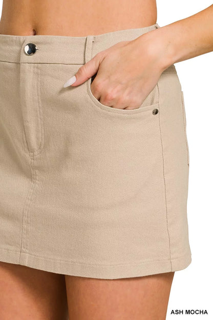Ash Mocha Cotton Twill Lined Mini Skirt with Pockets by Zenana