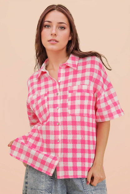 Oversized Checkered Woven Button-Down Shirt by VERY J