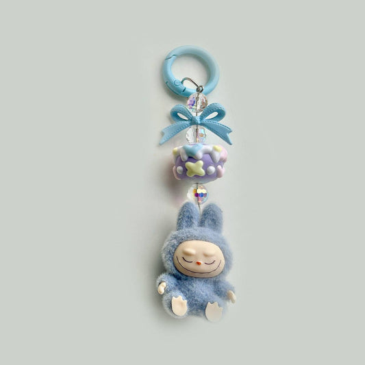 Flocked Mini Labubu candy Keychain bag pendant: Blue