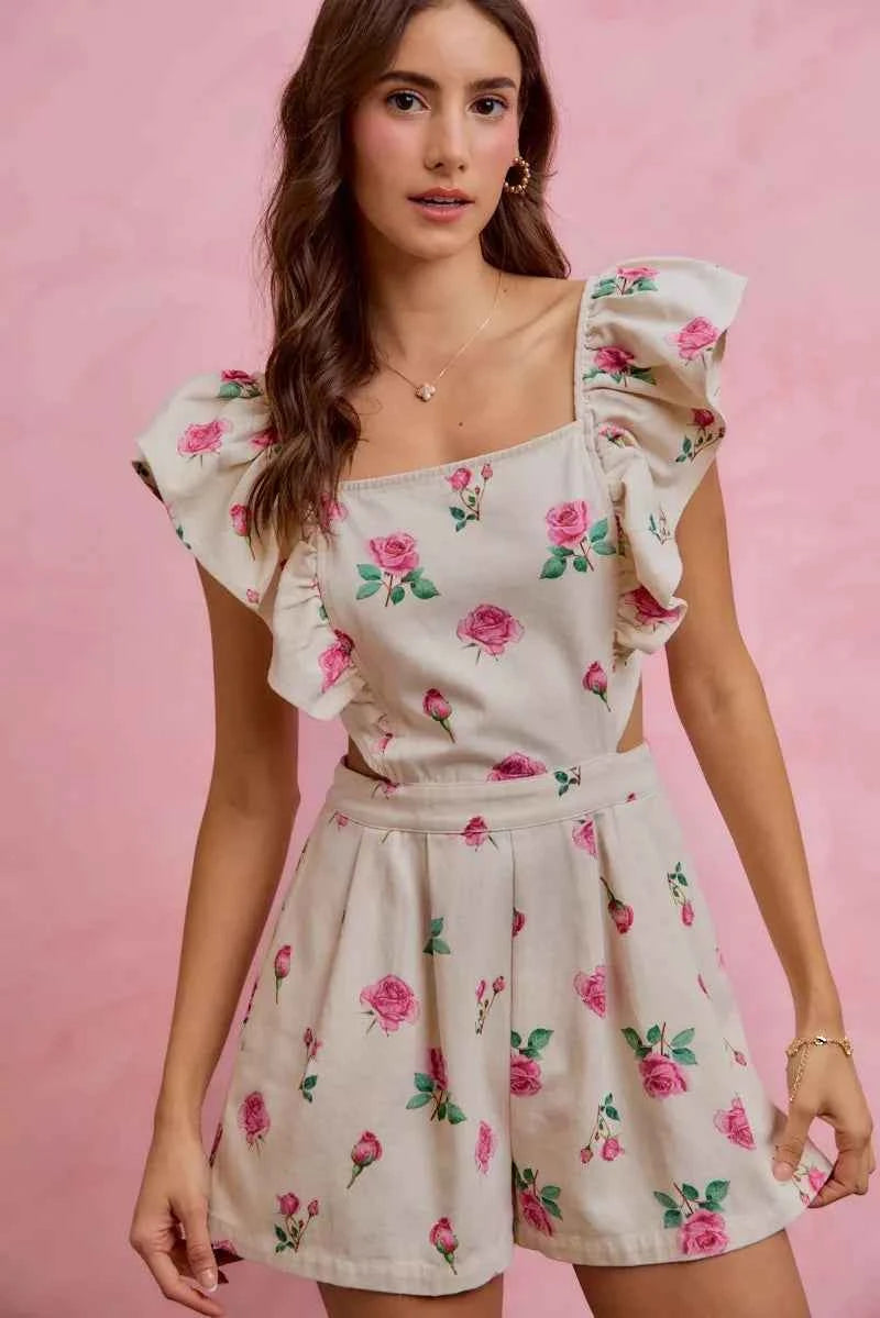 SO ME Floral Print Denim Cut Out Waist Ruffled Romper