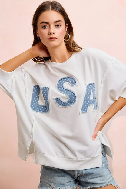 Ivory 4th Of July USA Letter Patchwork 3/4 Sleeve French Terry Top|BiBi