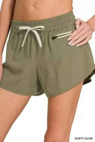Dusty Olive Soft Woven Lined Shorts With Zip Coin Pocket by Zenana