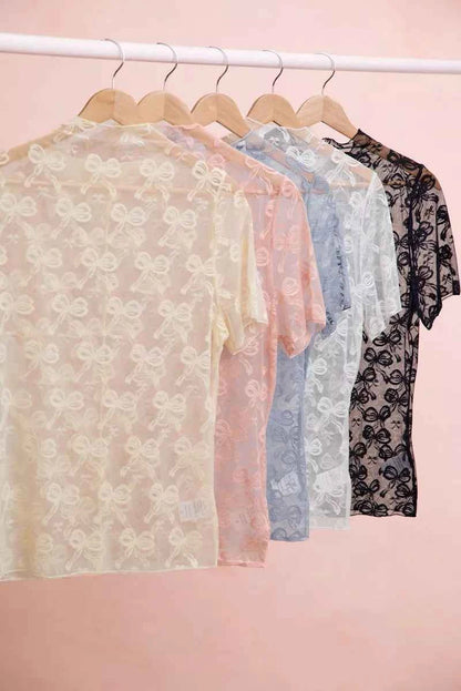 BiBi High Neckline Short Sleeves Bow Pattern Mesh Top