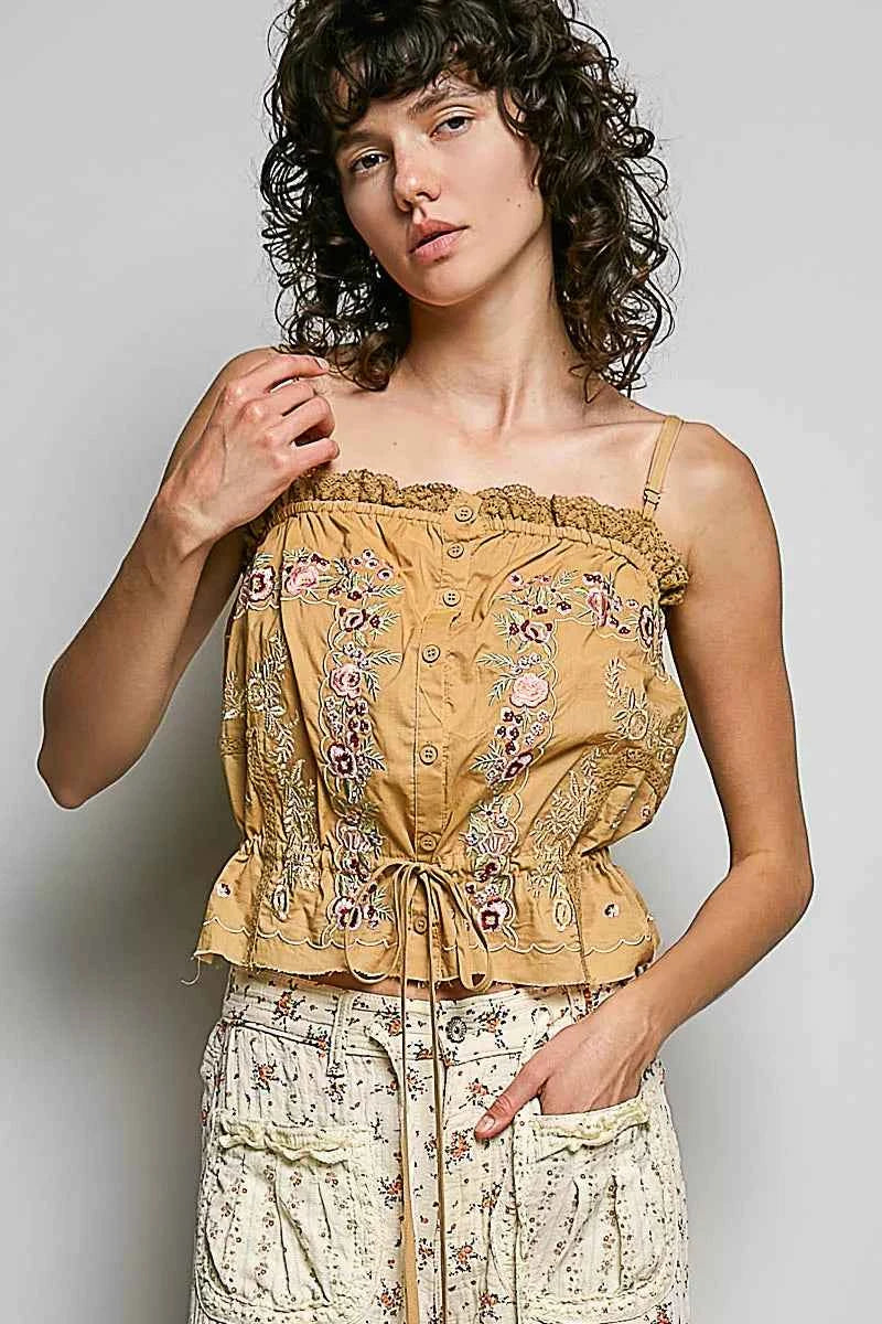 Sand Clay Button Down Floral Embroidered Cropped Cami with Lace Detail by POL