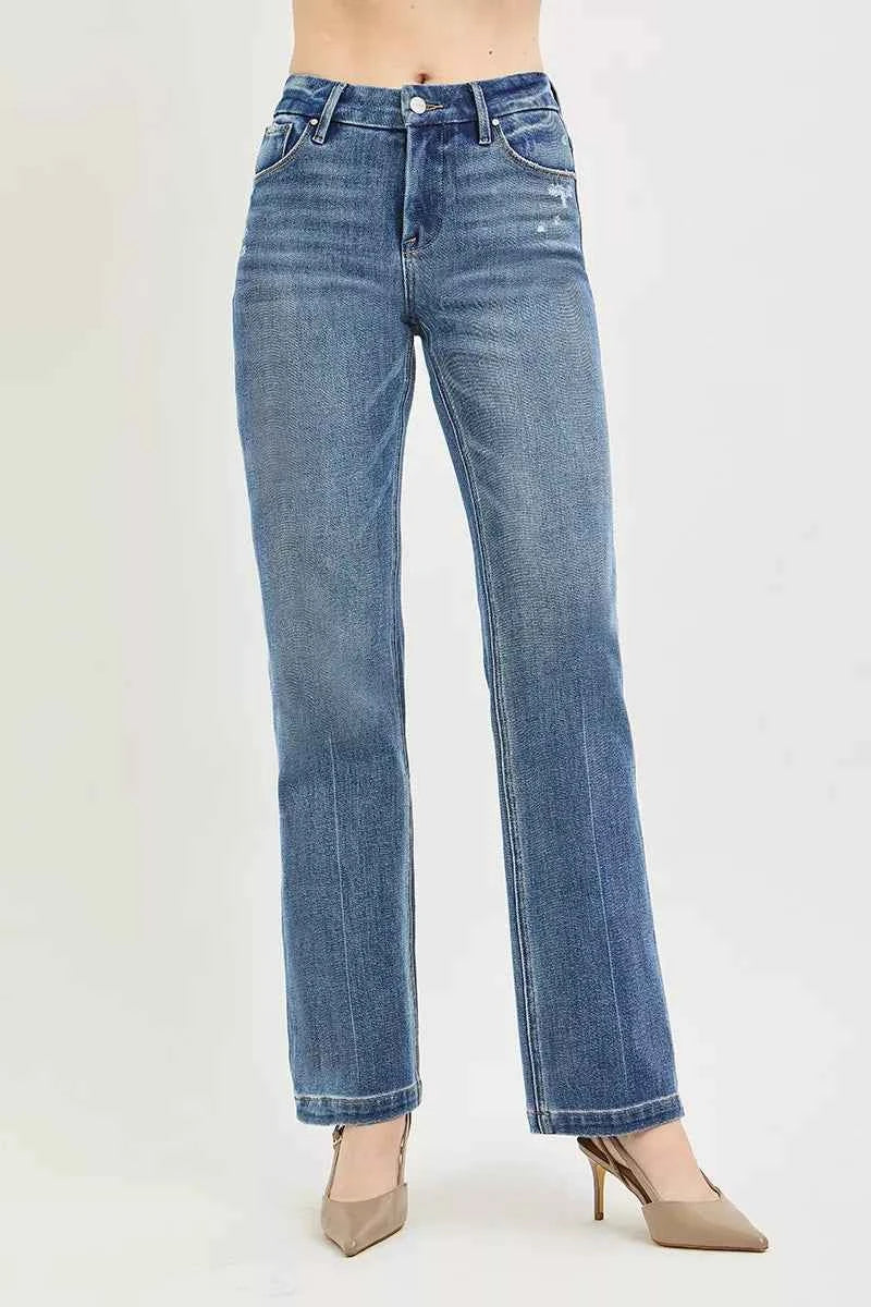 Medium Wash Tummy Control 4-Way Stretch Mid Rise Straight Crease Line|Risen