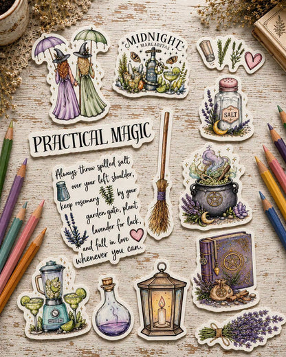 Practical Magic color-your-own sticker kit with illustrated stickers and colored pencils