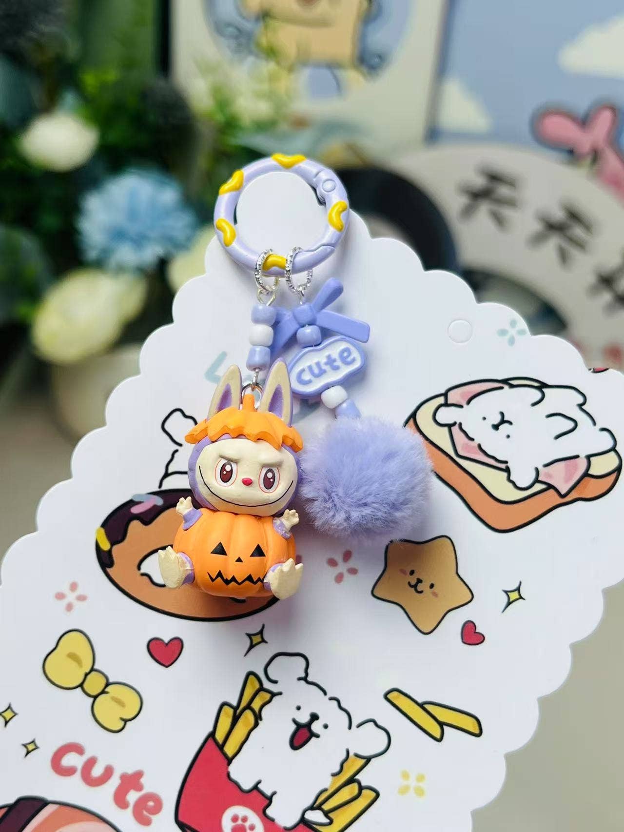 Halloween pumpkin labubu keychain bag pendant: Black flocking