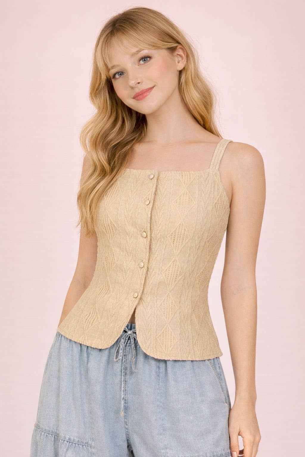 Textured Sleeveless Button-Down Top - Taupe | Very J