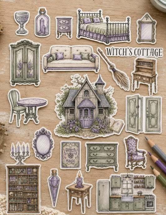 The Paper Garden Witch’s Cottage color-your-own sticker scene kit with illustrated furniture and decor stickers