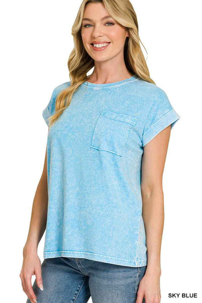 Sky Blue Snow Washed Cuffed Sleeve Tee by Zenana