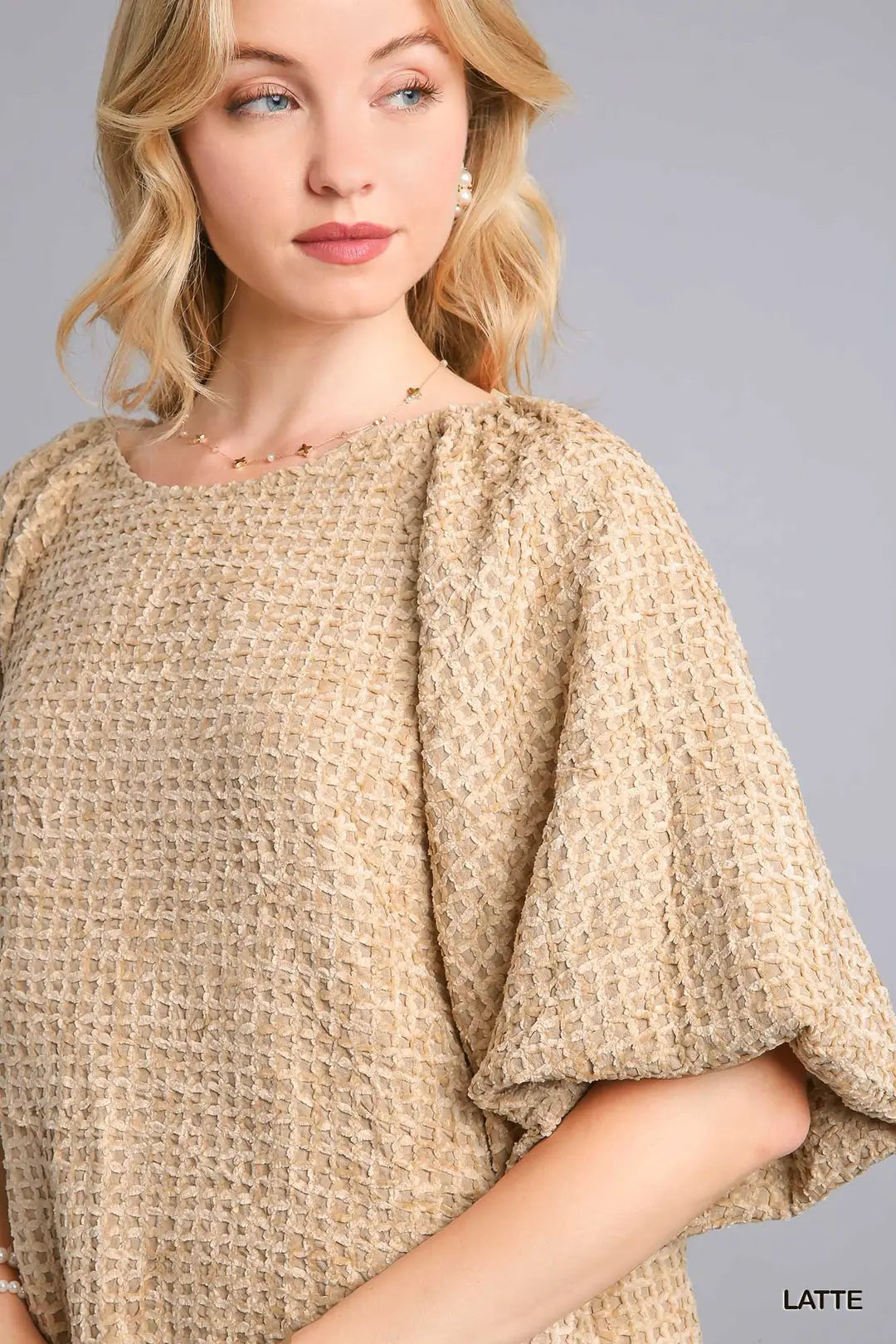 Umgee Textured Fabric Balloon Sleeve Top with Side Slit