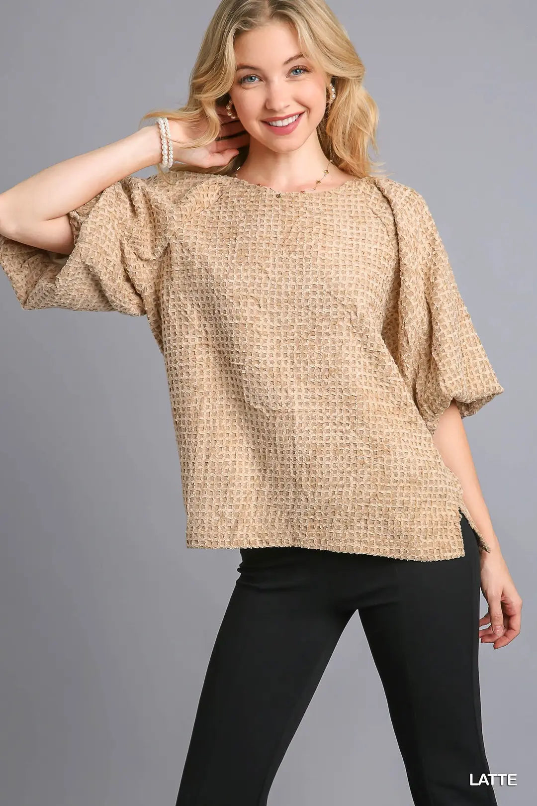 Umgee Textured Fabric Balloon Sleeve Top with Side Slit
