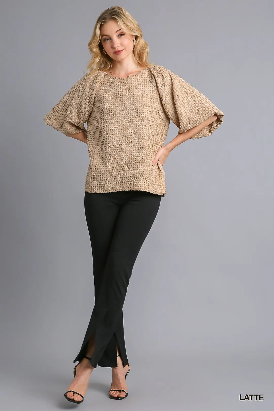Umgee Textured Fabric Balloon Sleeve Top with Side Slit