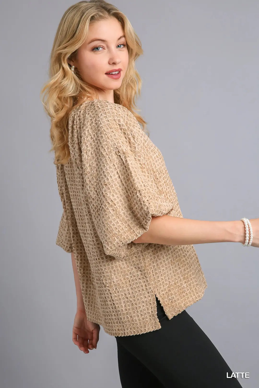 Umgee Textured Fabric Balloon Sleeve Top with Side Slit