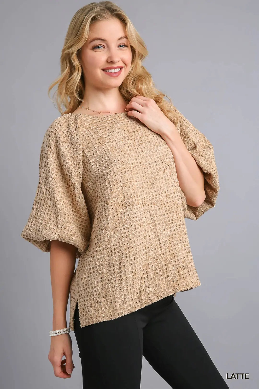 Umgee Textured Fabric Balloon Sleeve Top with Side Slit