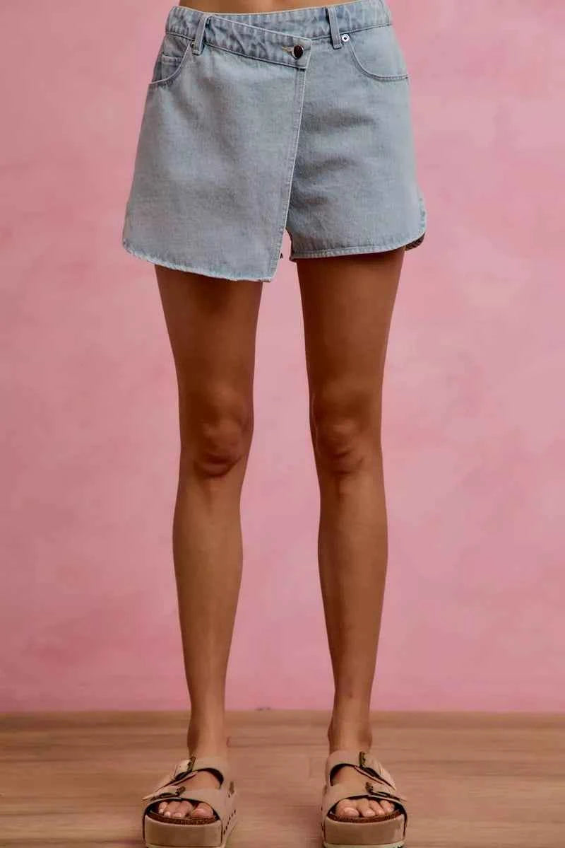Light Washed Vintage Finish Denim Wrap Skort by So Me