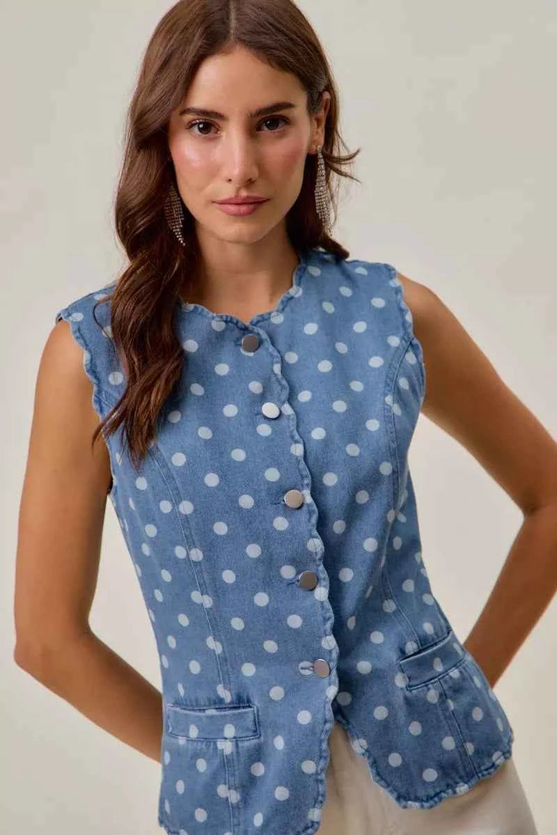 Polka Dot Denim Scallop Edge Button Down Vest Top by So Me
