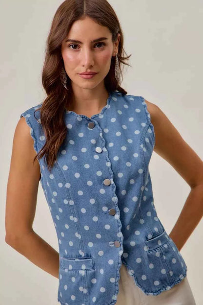 Polka Dot Denim Scallop Edge Button Down Vest Top by So Me