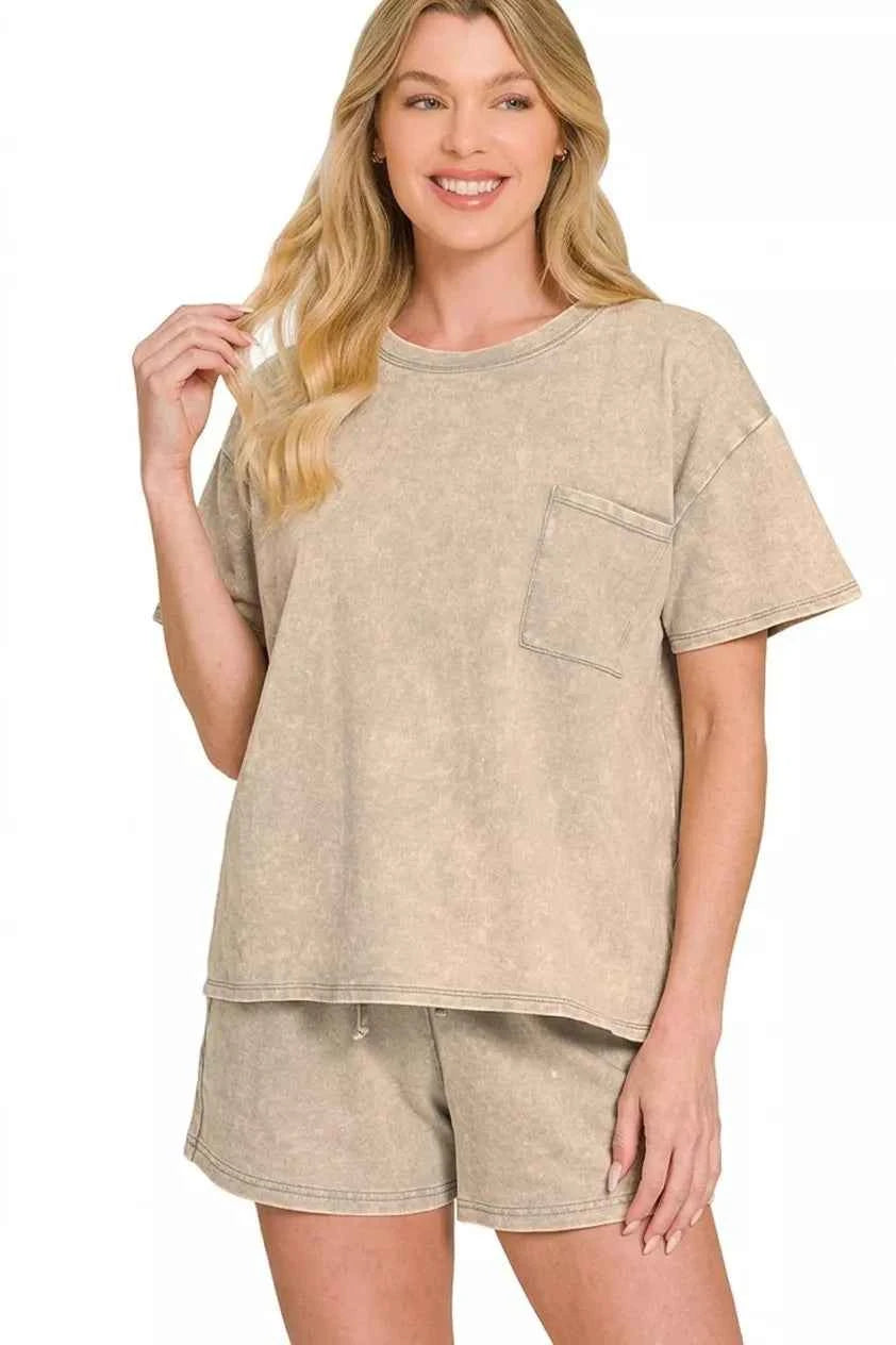 Sleet French Terry Acid Washed Relaxed Top & Short Set by Zenana
