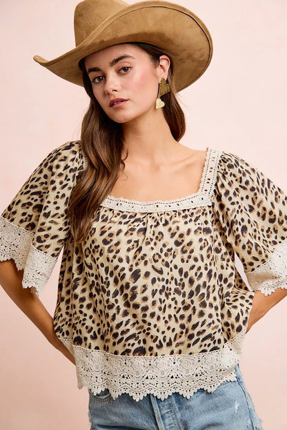Leopard Lace Mix And Match Square Neckline Short Sleeve Top by BiBi