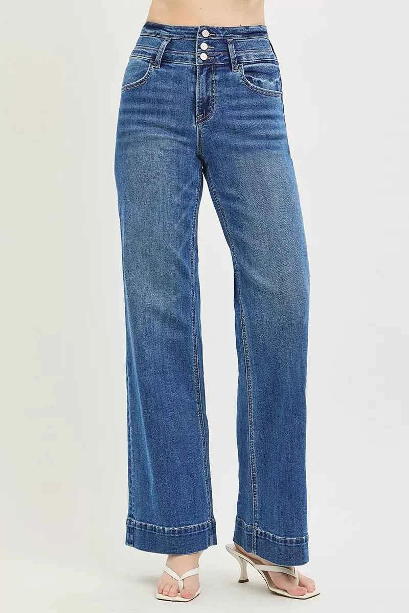 Dark Wash High Rise Wide Leg Wide Band Detail Jeans by Risen