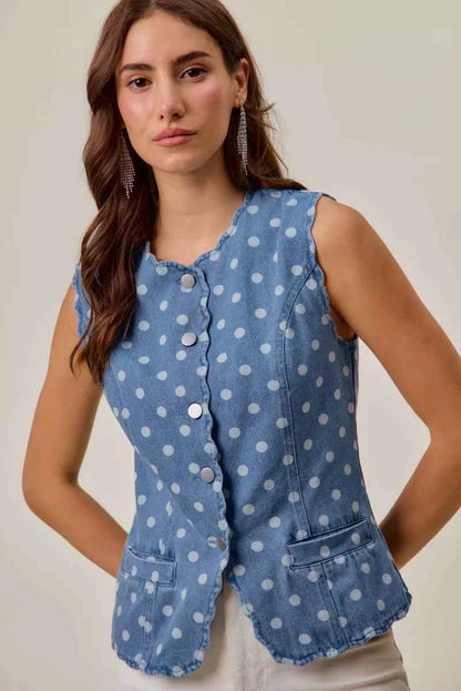 Polka Dot Denim Scallop Edge Button Down Vest Top by So Me