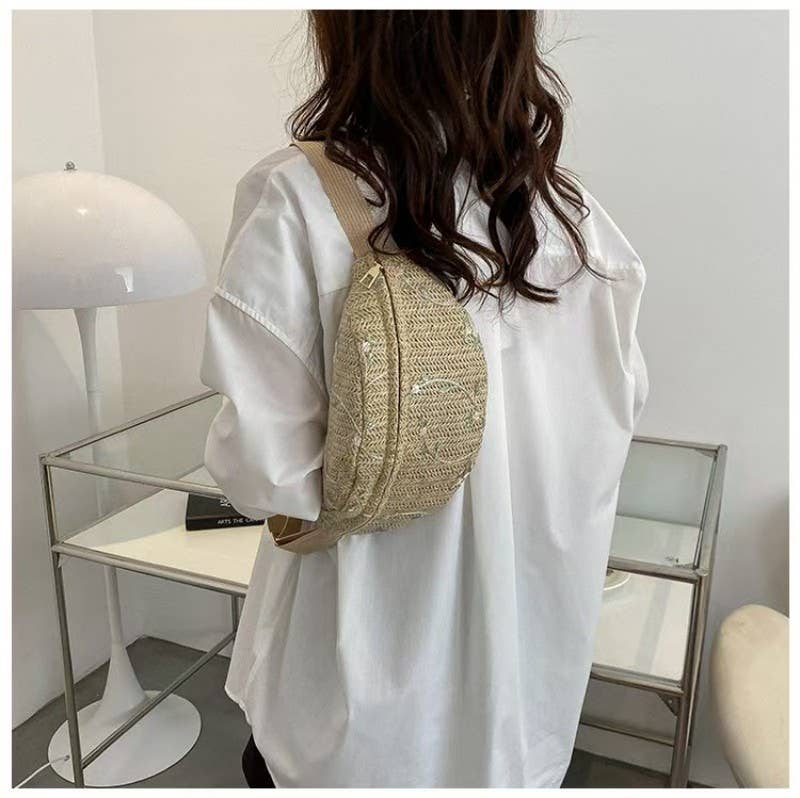 RAFFIA STRAW WAIST FANNY PACK CROSSBODY BELT BAG | 40P559: TAN