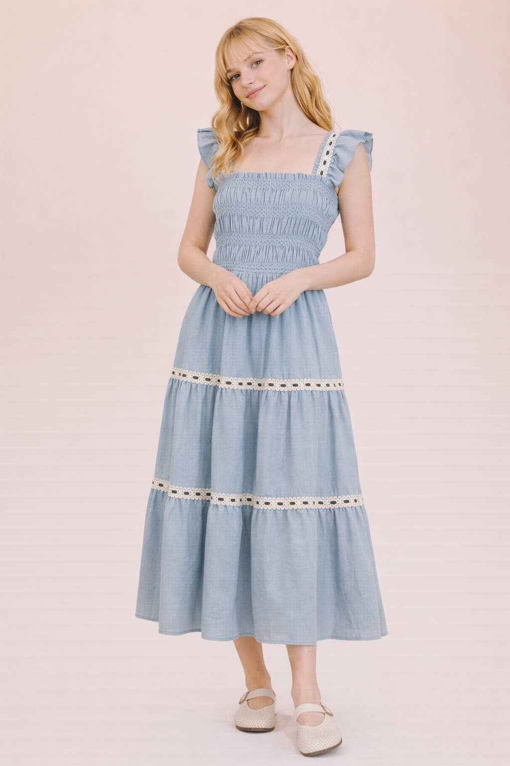 Smocking Detail Woven Midi Dress - Blue | Very J