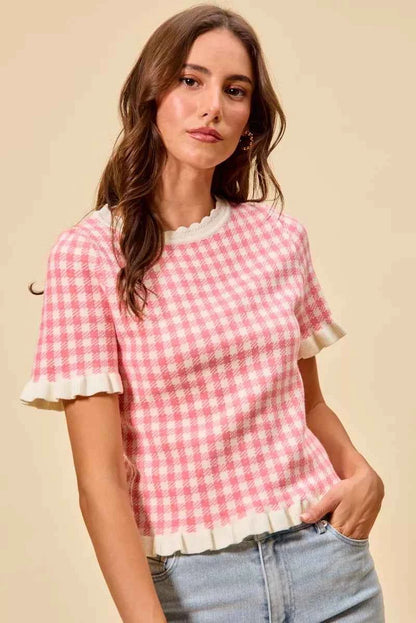 SO ME Gingham Knit Ruffled Short Sleeves Sweater Top