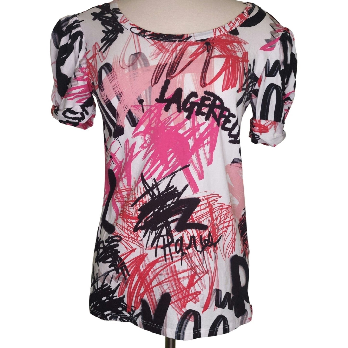 Karl Lagerfeld Paris Women's XS Graphic Puff Sleeve T-Shirt Red & Black Scribble