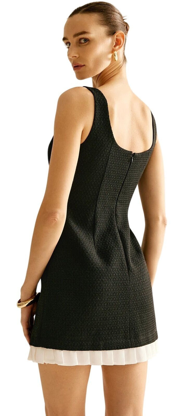 NWT Commense Black Textured Mini Dress W/ White Pleated Hem & Back Zipper Small