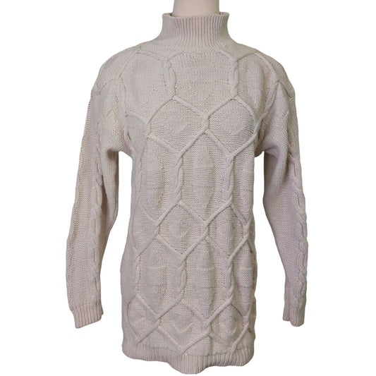 Vintage Mixed Blues Mock Neck Ivory Cable Knit Sweater Medium~80's~Heavy/Thick