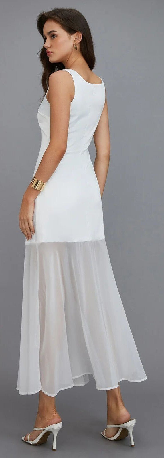 NWT Commense White Sleeveless Satin Maxi Dress W/ Sheer Skirt Size Medium