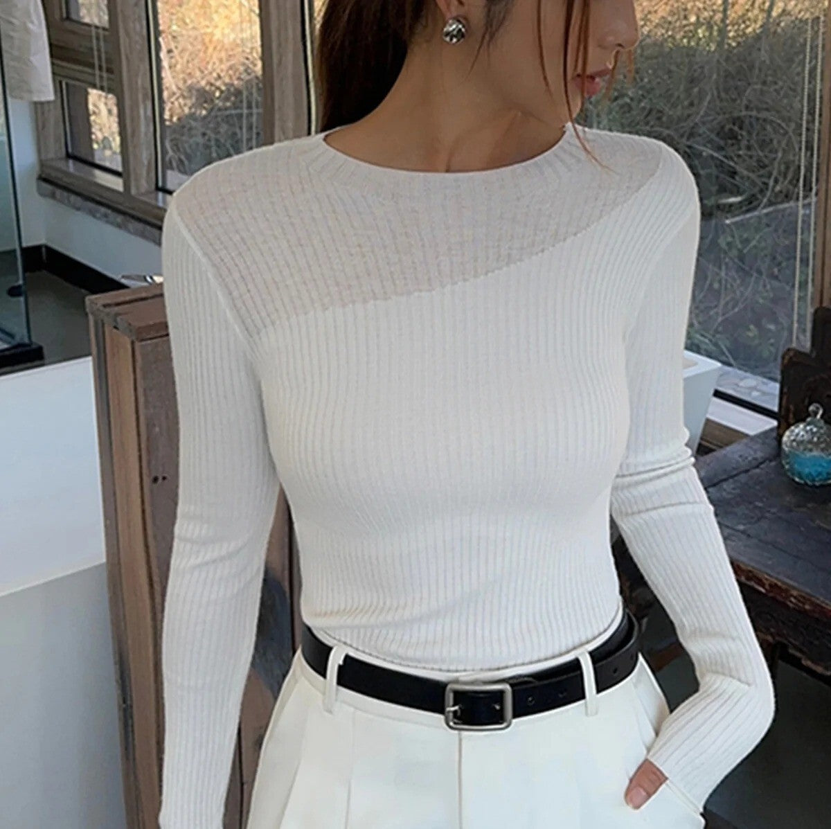 NWT Commense XL Womens White Ribbed Long Sleeve Sheer Panel Knit Top~SOFT