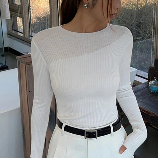 NWT Commense XL Womens White Ribbed Long Sleeve Sheer Panel Knit Top~SOFT