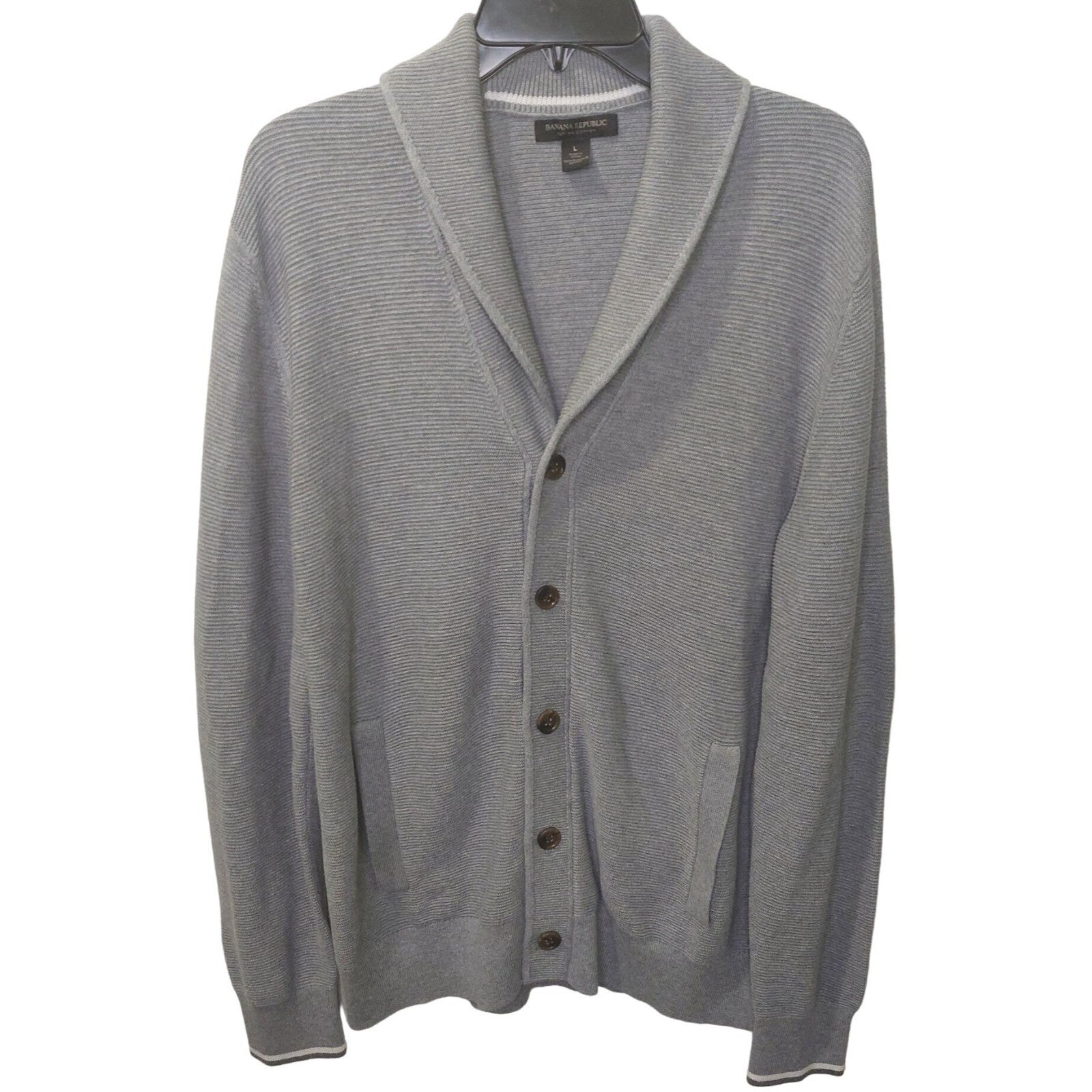 Banana Republic Men's Tipped Supima Cotton Button Cardigan Large Med Grey Pocket