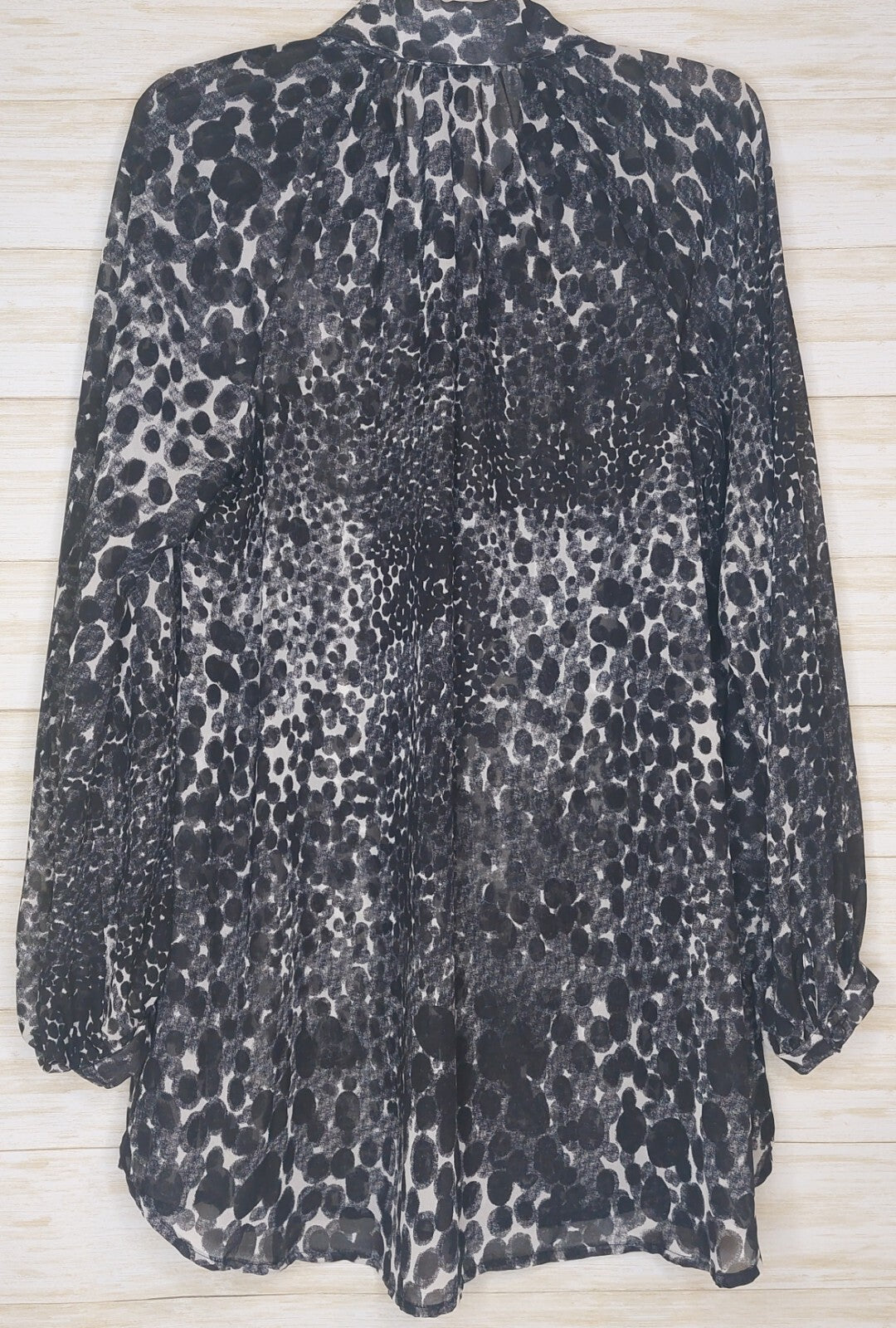 Cabi Womens Sheer Blouse Med. Black White Animal Print Button Front Long Sleeve 