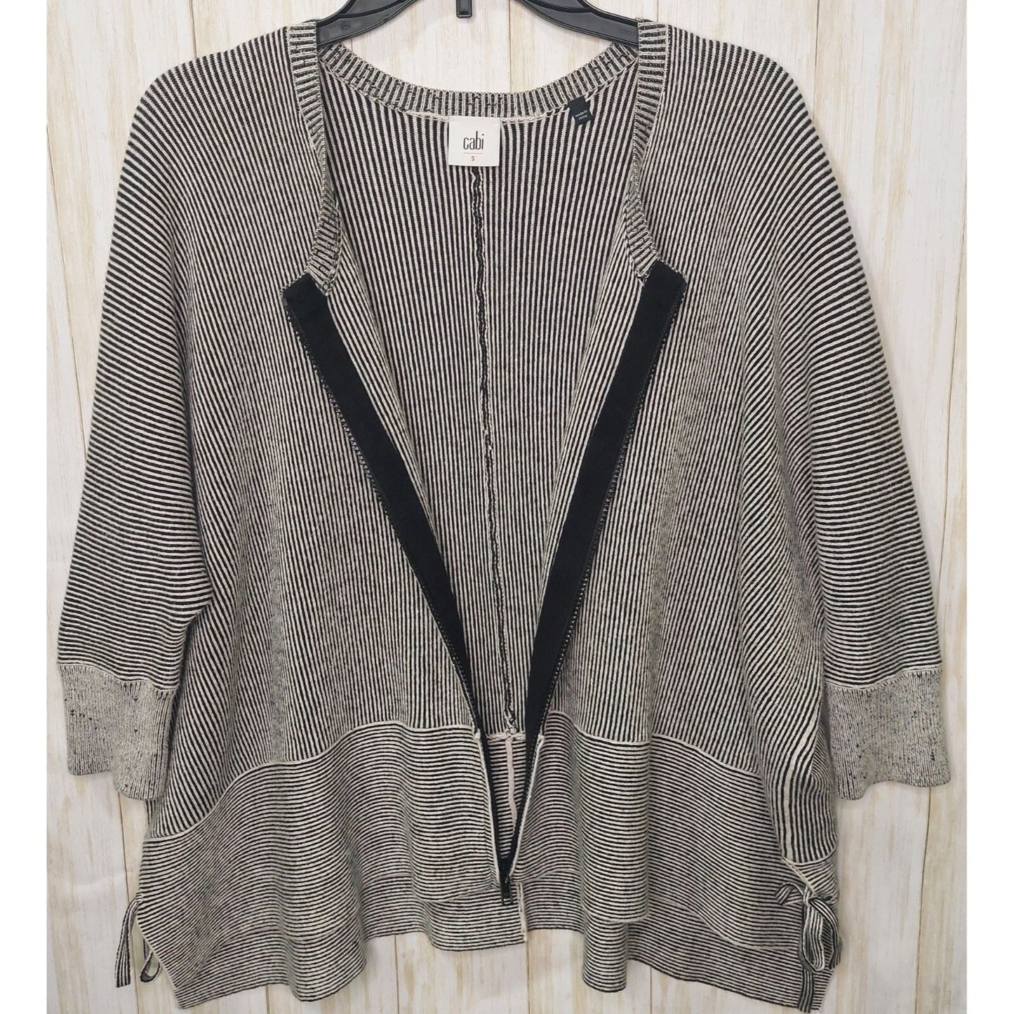 Cabi Women's Zip Cardigan/Top Black/White 3/4 Sleeve Side Ties Size Small