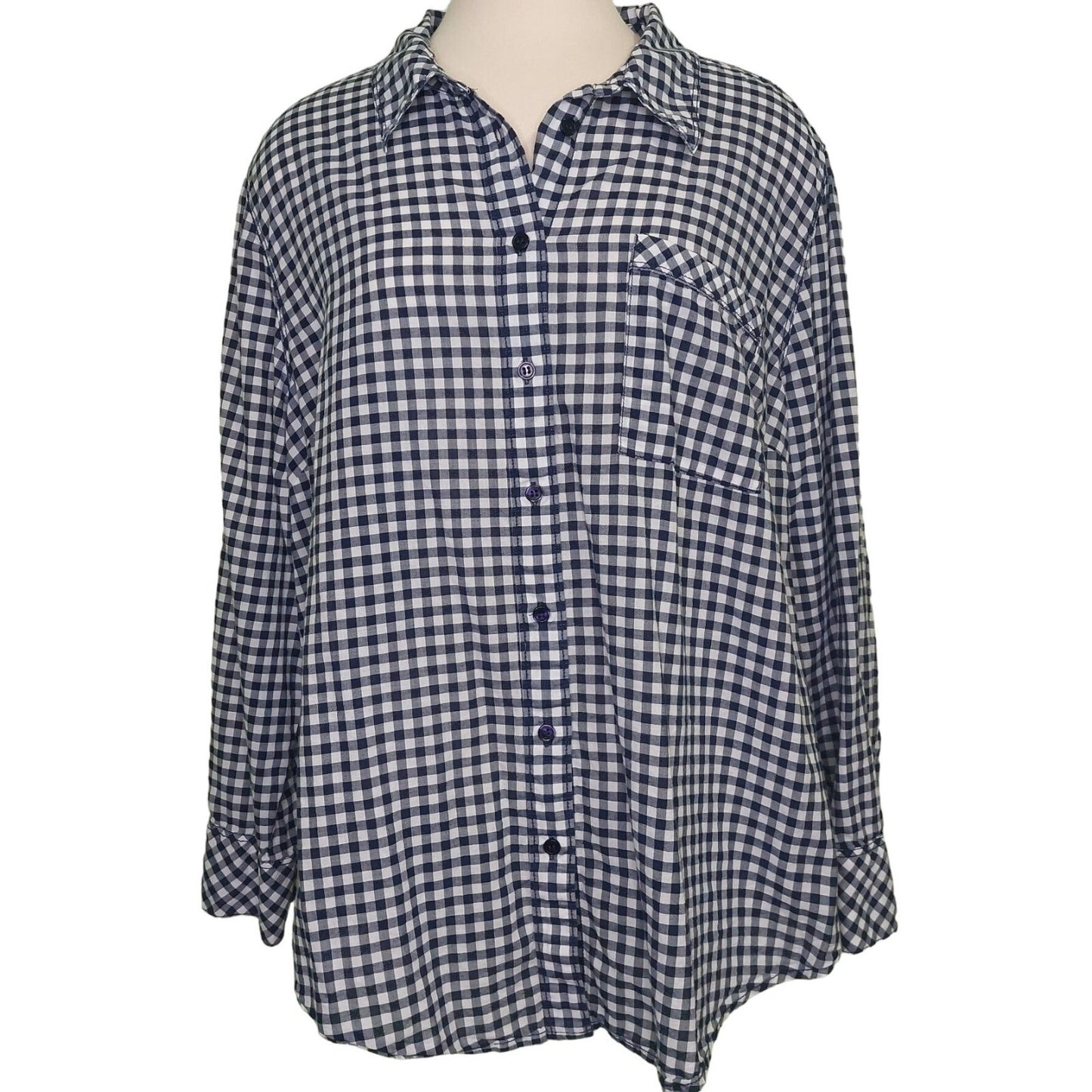 Lane Bryant Womens Blue & White Plaid Button-Up Shirt 24W Long Sleeve Cotton