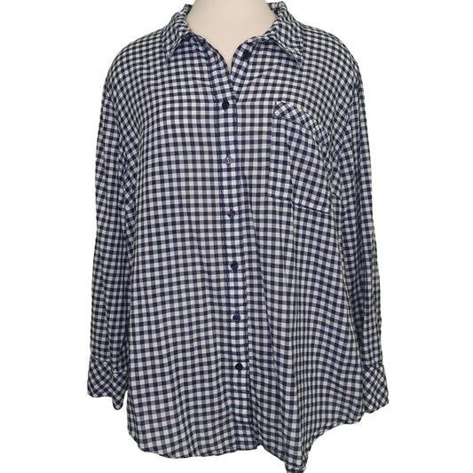 Lane Bryant Womens Blue & White Plaid Button-Up Shirt 24W Long Sleeve Cotton