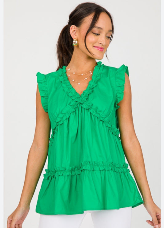 Voy Top Women's Size Small Kelly Green Sleeveless Ruffled NWT