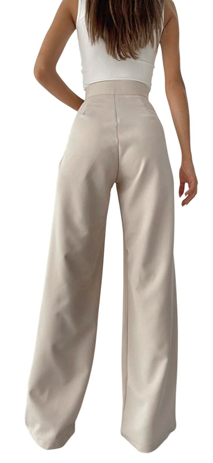 NWT Commense Womens High-Waisted Wide Leg Dress Pants W/Tie Beige Large