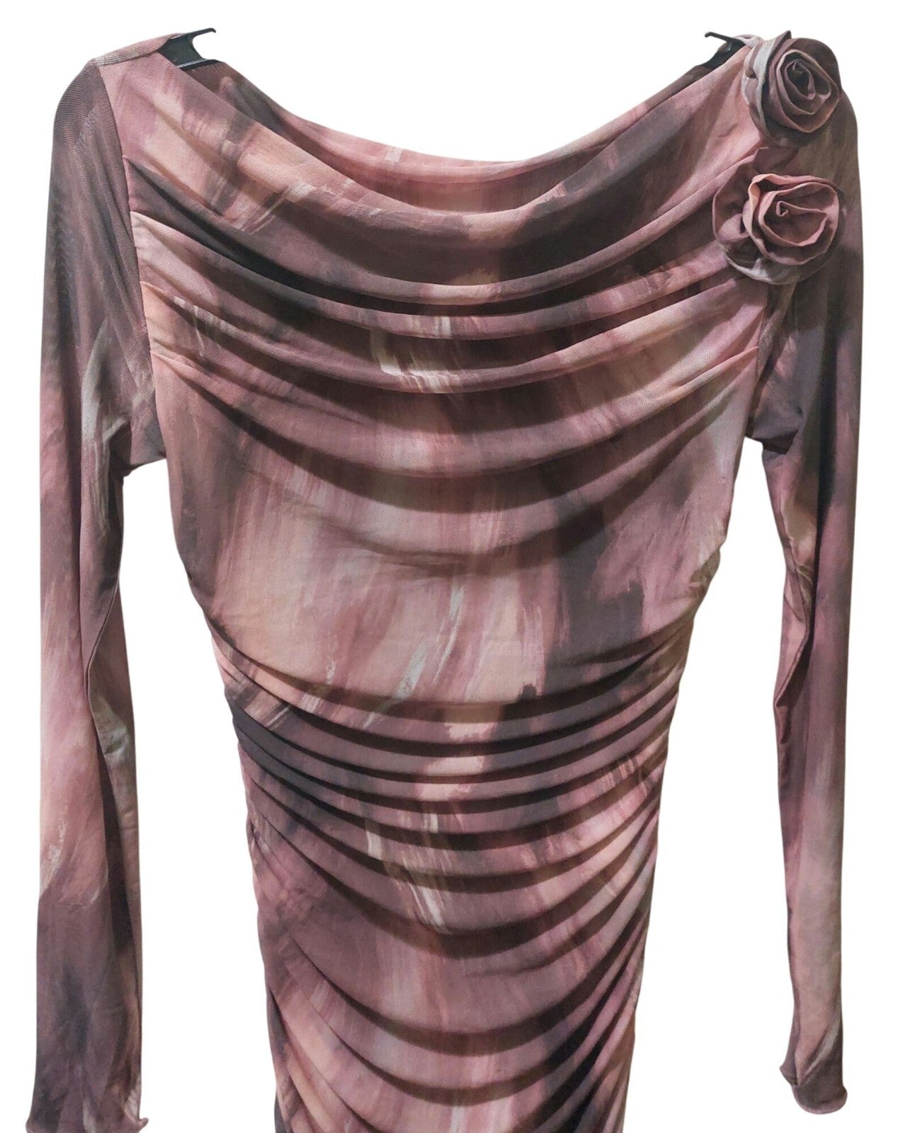 NWT Commense Women's Pink/Mauve Long Sleeve Ruched Mesh Dress W/ Rosette's Large