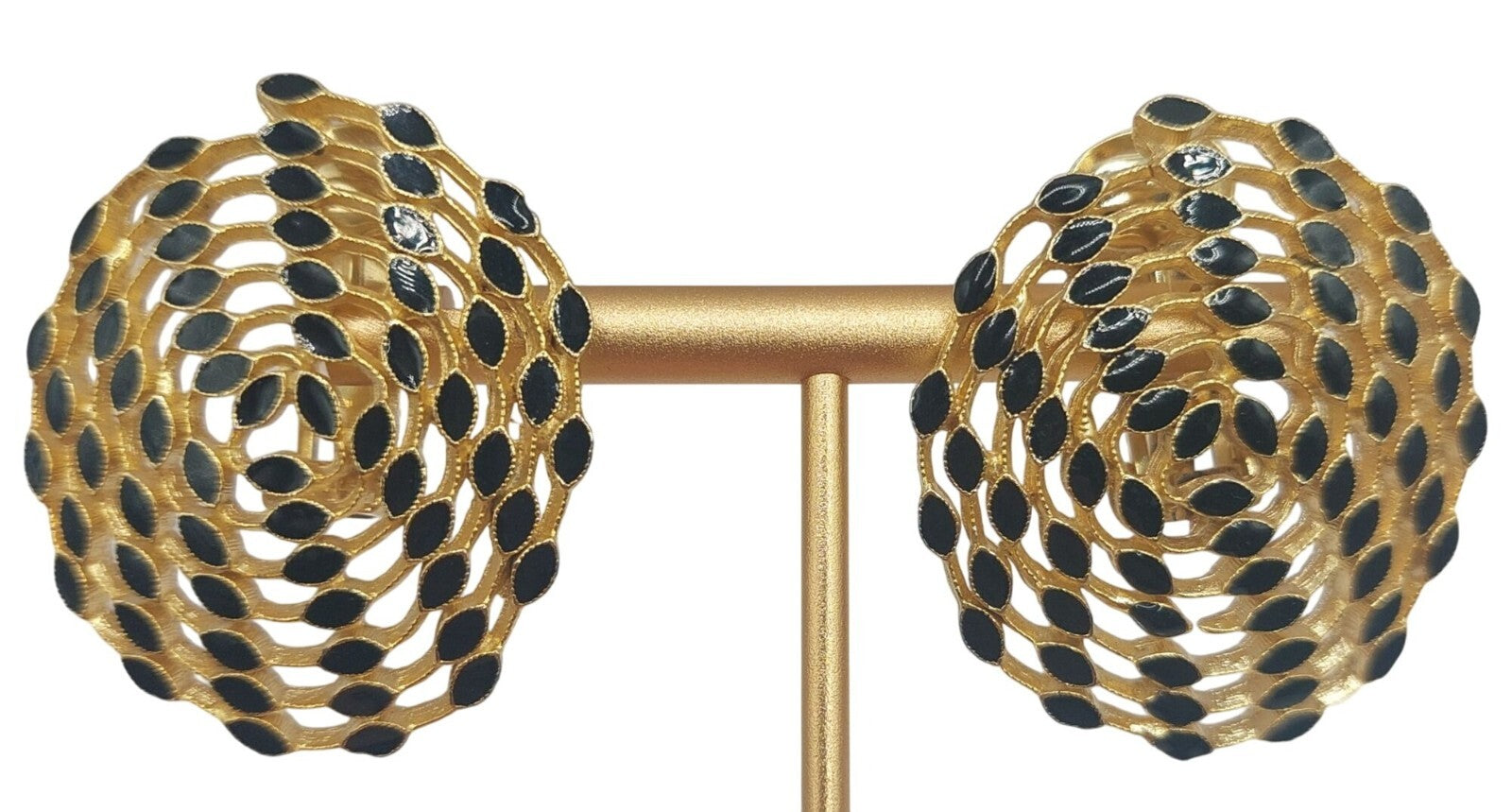 Vintage Gold-Tone Clip-On Earrings With Black Enamel Accents